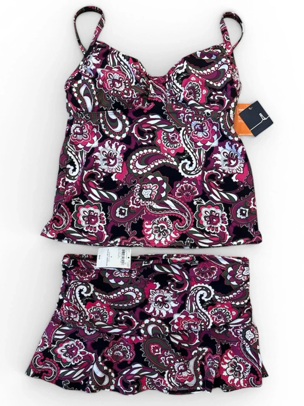 Lands' End NWT Pink Black Paisley Tankini Swim Skirt Set Underwire Adjustable 8